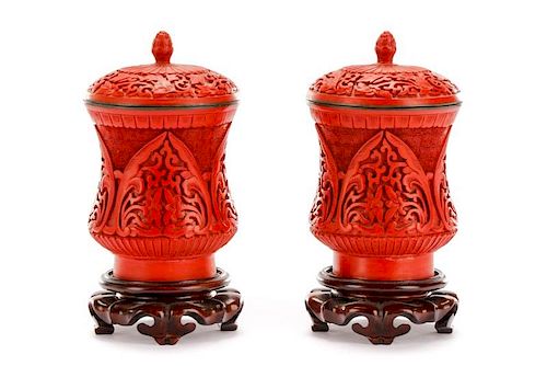 Pair, Chinese Lidded Lacquered Cinnabar Jars