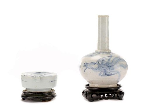 Group of 2 Korean Blue & White Ceramic Pieces
