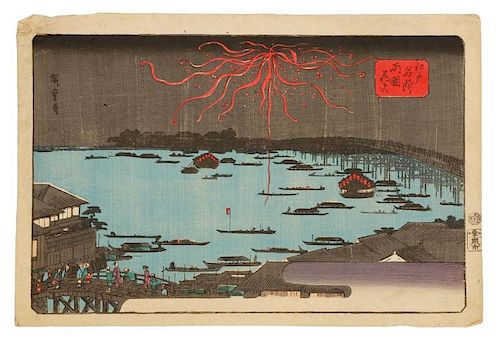 Hiroshige, "Fireworks at Ryogoku Bridge" Woodblock