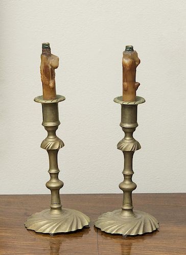 PAIR OF GEORGE II STYLE BRASS CANDLESTICK LAMPS
