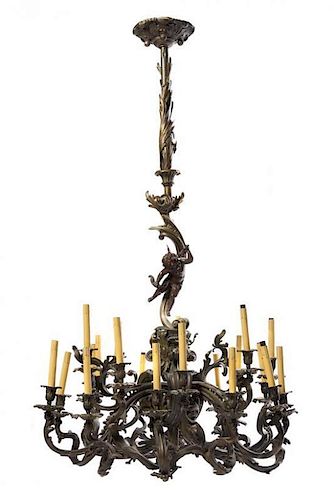 A Louis XV Style Gilt and Patinated Bronze Twenty-One Light Chandelier, Height 56 3/4 inches.