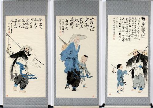 SET OF THREE CHINESE SCROLL PAINTINGS 20TH C.