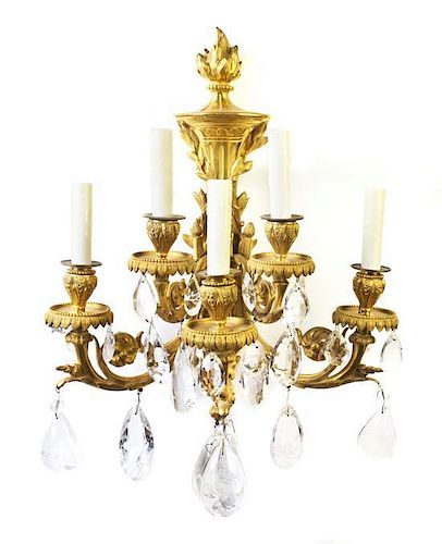 A Pair of Louis XVI Style Gilt Bronze and Rock Crystal Five-Light Sconces, Height 21 inches.