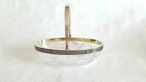 Antique Russian Cut Crystal Silver Oval Bowl