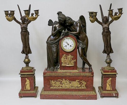 Set of High Quality 19th C. Bronze & Marble Clock