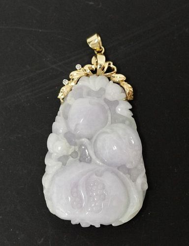 Chinese Carved Jadeite Pendant Mounted 14K Gold