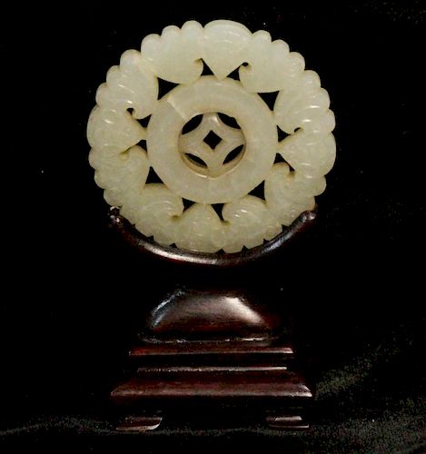 Chinese Carved Round Jade Plaque with Wood Stand
