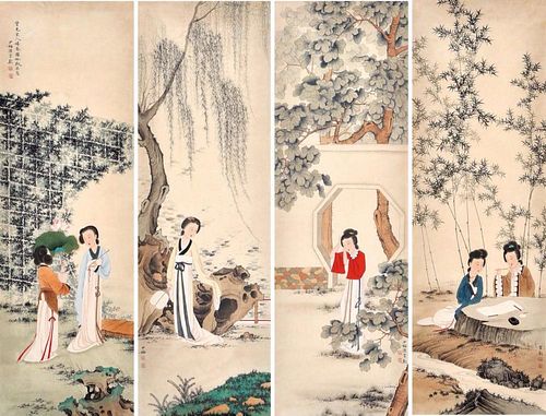 Set of 4 Pcs Chinese Ink/Color Painting on Scroll