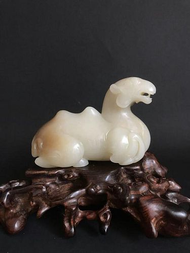 Chinese Carved Jade Goat w/ Wood Stand