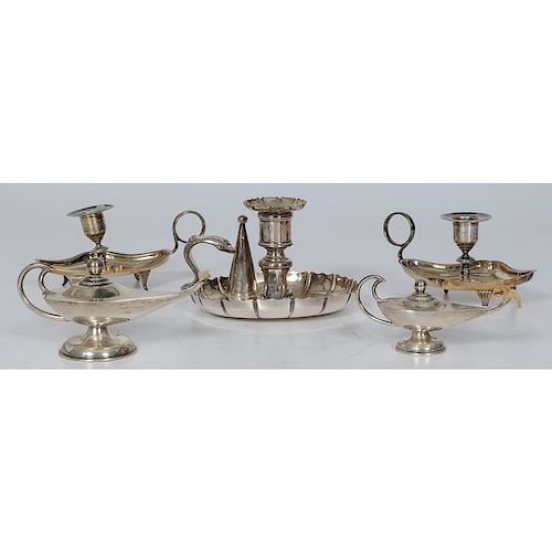 Mexican Sterling Oil Lamps and Silverplate Chamber Sticks