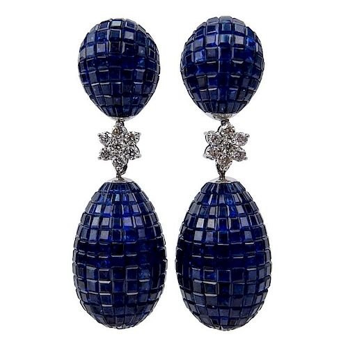 Contemporary Approx. 84.09 Carat Invisible Set Sapphire, .86 Carat Diamond and 18 Karat White Gold Pendant Earrings with Deta