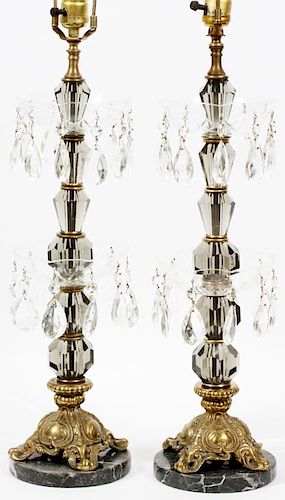 SPELTER AND GLASS LAMPS PAIR