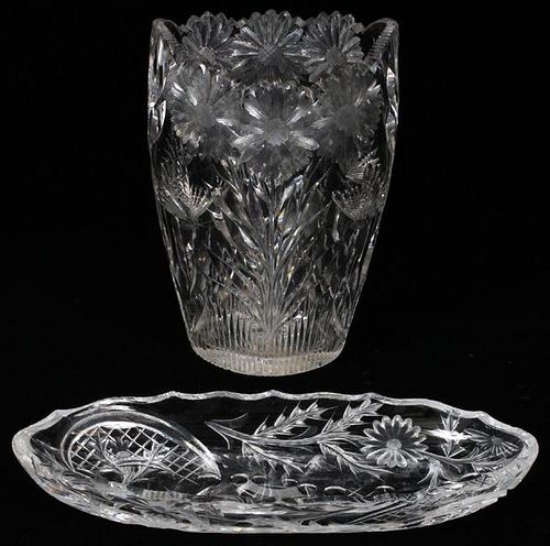CUT CRYSTAL DAISY PATTERN VASE AND CONDIMENT DISH