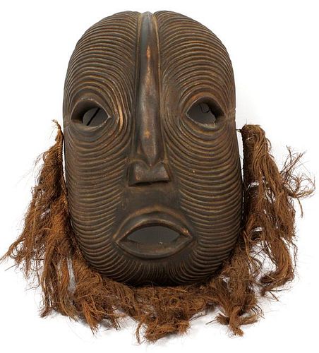 AFRICAN CARVED WOOD AND RAFFIA MASK