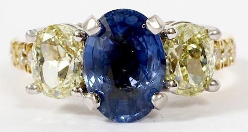 NATURAL BLUE SAPPHIRE AND FANCY YELLOW DIAMOND RING
