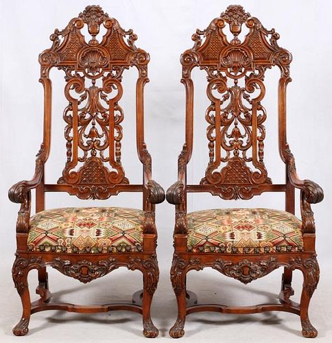 FRENCH CARVED WALNUT ARMCHAIRS PAIR
