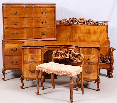 FRENCH STYLE CARVED WALNUT BEDROOM SET C. 1920-1950