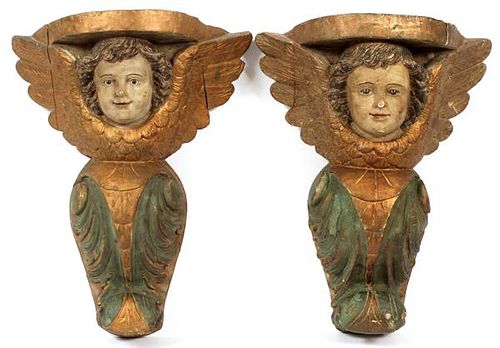 ANTIQUE PATINATED AND GILT OAK CORBELS PAIR
