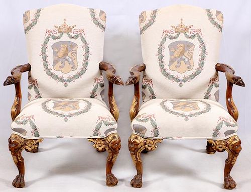 PAIR OF CHIPPENDALE STYLE CARVED WALNUT ARMCHAIRS