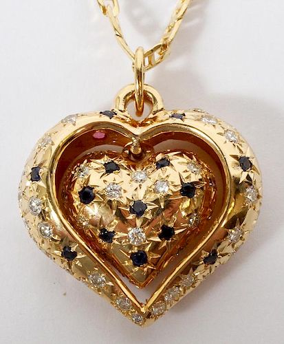 DIAMOND SAPPHIRE & RUBY HEART PENDANT ON CHAIN