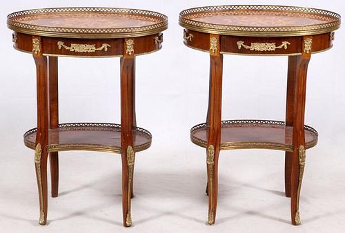 FRENCH MARQUETRY INLAID MAHOGANY END TABLES PAIR