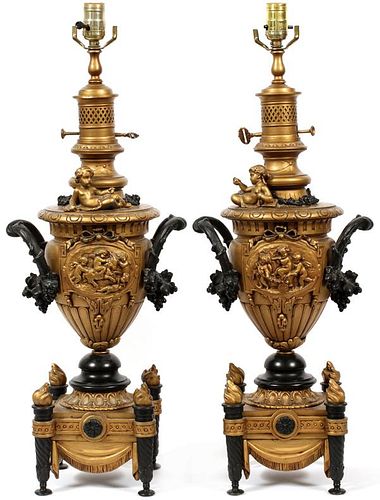 EDWARDIAN BAROQUE STYLE CAST METAL TABLE LAMPS PAIR