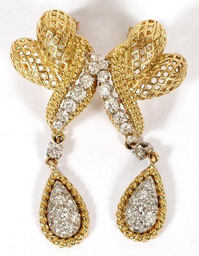 14KT YELLOW GOLD AND DIAMOND DROP EARRINGS PAIR