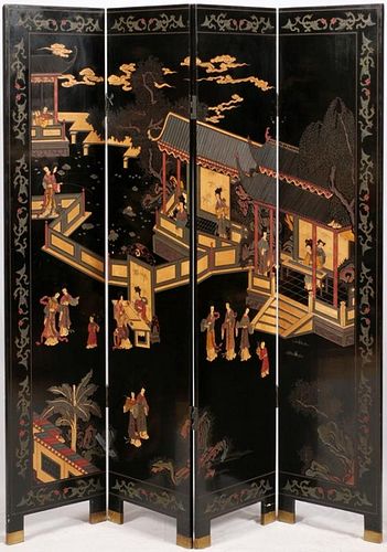 JAPANESE CARVED & LACQUER FOUR PANEL SCREEN