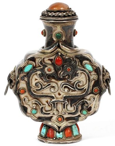 CHINESE CORAL/TURQUOISE STONES &SILVER SNUFF BOTTLE