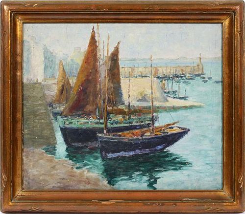 UNSIGNED OIL ON CANVAS 'SAILBOATS IN HARBOR'