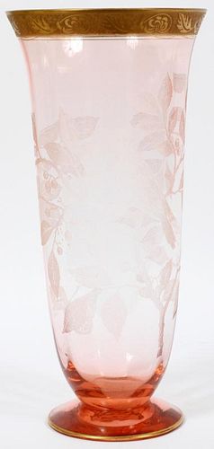 AMERICAN PINK GLASS VASE W/ WIDE GOLD BAND