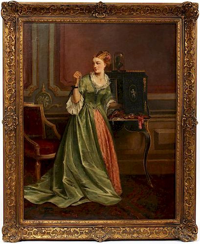 T. FAED OIL ON CANVAS LADY SELECTING JEWELRY