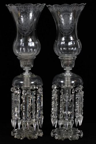 ENGLISH ETCHED CRYSTAL CANDLEHOLDERS C. 1840 PAIR