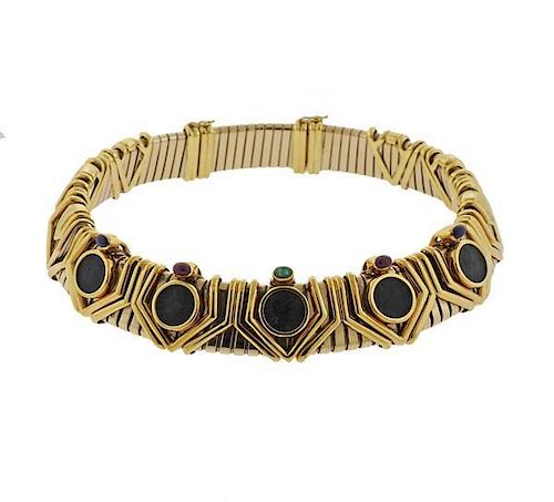 18k Gold Sapphire Ruby Emerald Ancient Coin Collar Necklace