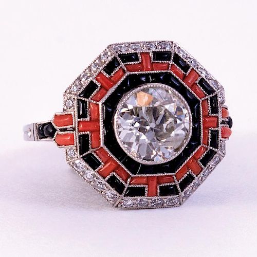 Unknown | Diamond, Onyx and Coral Ring