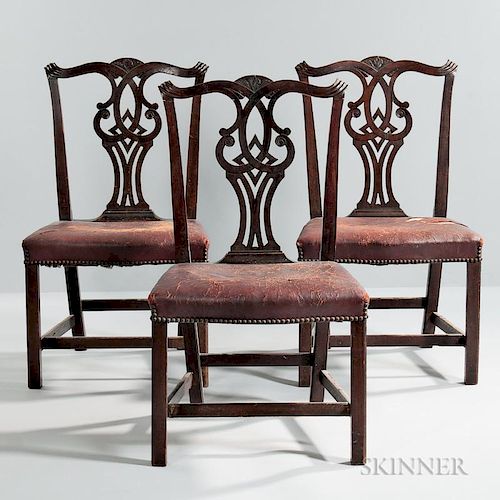 Set of Three Leather-upholstered Carved Mahogany Side Chairs
