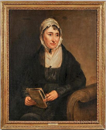 American School, 19th century      Portrait of a Woman on a Settee Holding a Book and Eyeglasses
