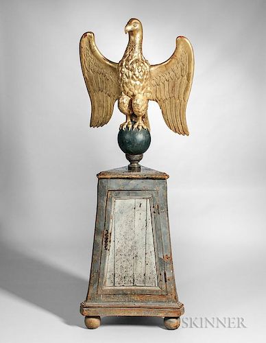 Carved Giltwood Eagle Figure on a Paint-decorated Pedestal Cabinet