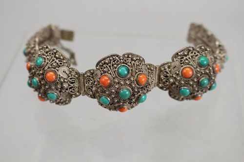 Green/Orange Stone Silver Bracelet