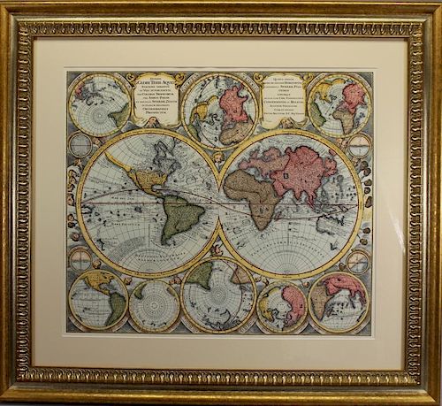 Hand Colored World Map, Framed