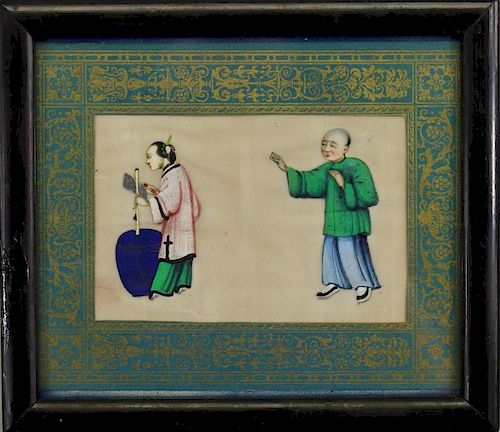 Framed Figural Chinese Painting, Mixed Media