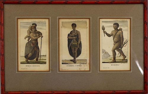 Antique 3-part Colored Engraving, African Figures