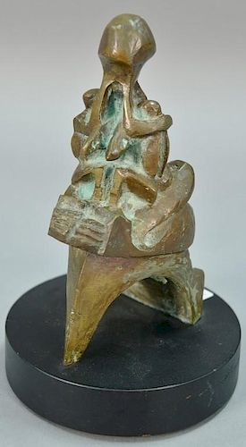Bronze sculpture in the style of Henry Spencer Moore, #5/10 of Mother Holding Two Children, on revolving base. ht. 9 1/2in.