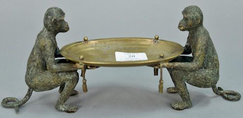 Maitland Smith double bronze monkey soap dish with two monkeys holding a brass tray. ht. 5in., lg. 12in.