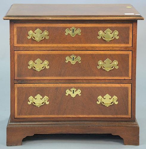 Baker mahogany inlaid diminutive three drawer chest. ht. 22in., wd. 23in., dp. 15in.