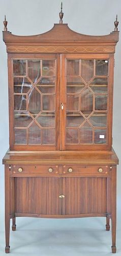 Charak mahogany Federal style two part secretary desk with tambour doors, signed Charak Boston 1931. ht. 81in., wd. 37in., dp