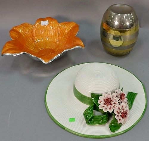 Three piece lot to include Julia Knight pewter enameled flower bowl, Brevettato made in Italy stacking barrel dish, and a cer