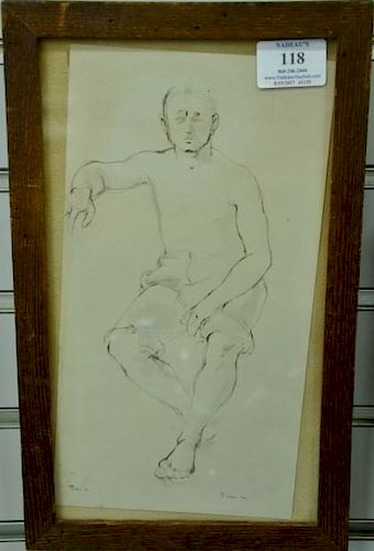 Stephen Greene (1917-1999), ink sketch of a man, seated figure, signed lower right: greene, having old paper label and writin