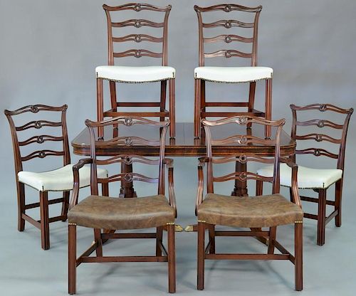 Mahogany seven piece dining set including mahogany inlaid double pedestal dining table with three 12inch leaves and a set of 