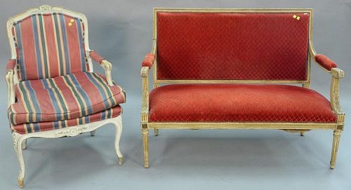 Two piece lot to include Louis XVI French style settee along with Louis XV style armchair. settee: lg. 49in.